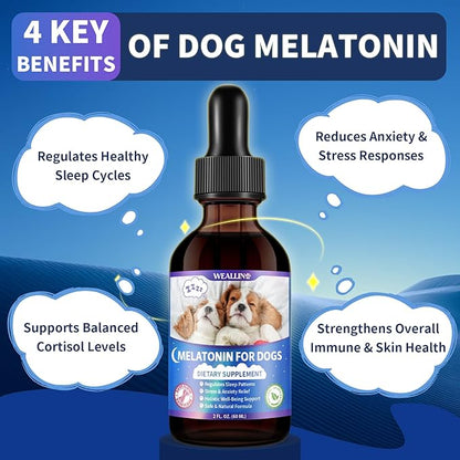 WEALLIN Melatonin for Dogs with L-Theanine & Chamomile | Anxiety Relief & Calming, Relaxation & Sleep Support Liquid Dog Melatonin | Fast-Absorbing & Bacon Flavor (2 PCS)