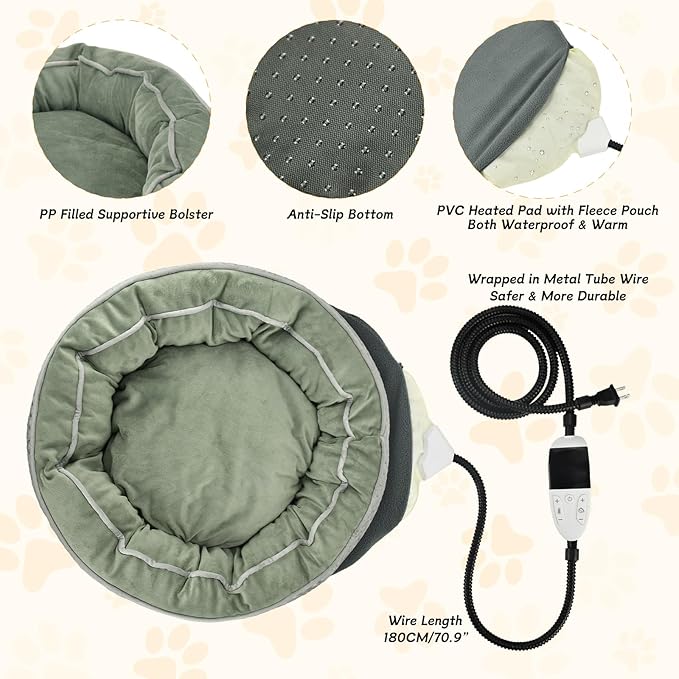 Electric Heated Cat Bed Warmer for Cat & Puppy - Removable, Waterproof, Washable - Thermal Heating with Adjustable Timer & Temperature - Small Dog Size (Gray)