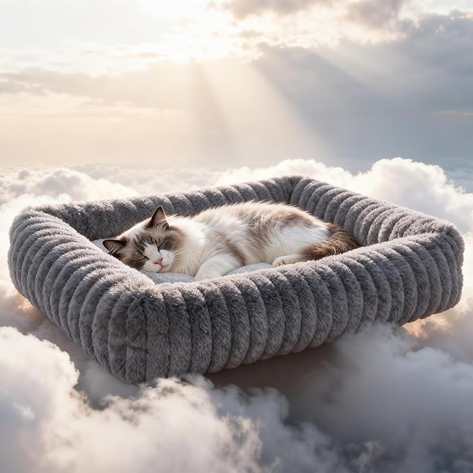 Cat Beds for Indoor Cats, Square Self Warming Cat Bed Orthopedic Pet Bed with Pillow Super Soft Rabbit Fur Small Dog Beds, Calming Plush Kitten Bed with Removable Washable Cover & Anti-Slip Bottom