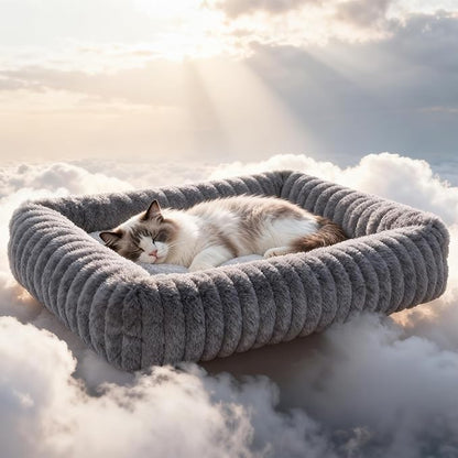 Cat Beds for Indoor Cats, Square Self Warming Cat Bed Orthopedic Pet Bed with Pillow Super Soft Rabbit Fur Small Dog Beds, Calming Plush Kitten Bed with Removable Washable Cover & Anti-Slip Bottom