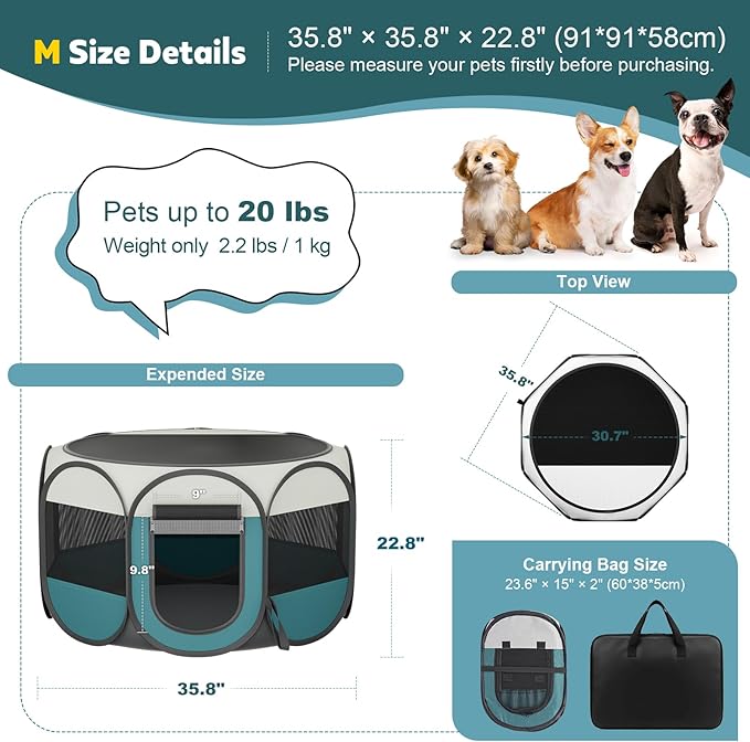 Portable Pet Playpen for Cat Dog - Foldable Medium Pet Play Pen with Removable Zipper Top for Cat Small Dog Enclosed - Pop Up Puppy Kitten Kennel with Carrying Case for Indoor Outdoor Travel Camping