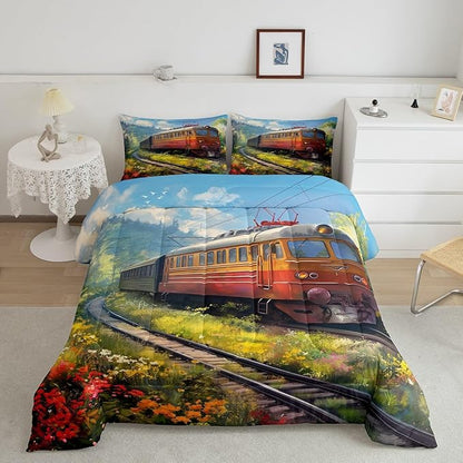 Erosebridal Watercolor Train King Comforter Steam Engine Comforter Set Oil Painting Bedding Set Rainbow Botanical Floral Duvet Set Hand Drawn Car Theme Room Décor for Kids Toddler Boys