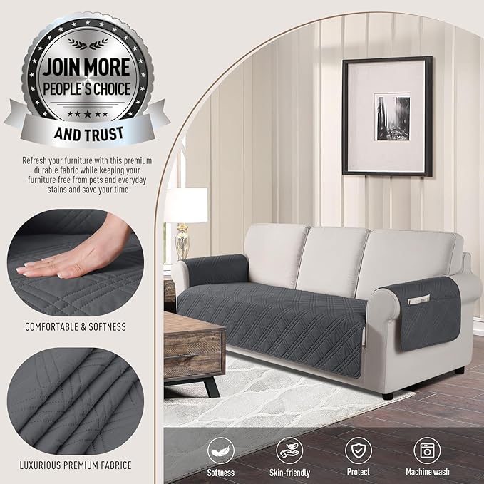 TAOCOCO Waterproof Couch Covers for Pets Dogs with Non Slip Backing, Sofa Seat Covers with Side Pocket for 3 Cushion Couch Washable Dog Couch Cover Protector Sofa Slipcovers(Sofa, Charcoal Gray)