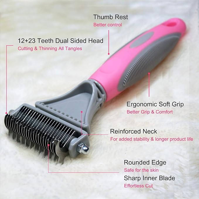 Pet Dematting Comb - 2 Sided Undercoat Rake for Cats & Dogs - Safe Grooming Tool for Easy Mats & Tangles Removing - Medium and Long Haired Cats Dogs Brush for Shedding
