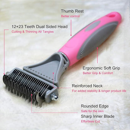 Pet Dematting Comb - 2 Sided Undercoat Rake for Cats & Dogs - Safe Grooming Tool for Easy Mats & Tangles Removing - Medium and Long Haired Cats Dogs Brush for Shedding