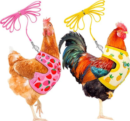 Frienda 2 Pcs Adjustable Chicken Harness and Leash Set Spring Summer Comfortable Elastic Hen Vest Breathable Harness for Hens Duck Goose Pet Training Walking Supplies(Pineapple, Strawberry,Small)