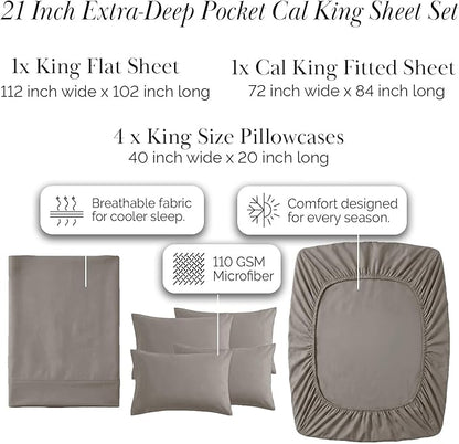 Southshore Fine Living, Inc. 6-Piece Cal King Sheet Set, 21-Inch California King Deep Pocket Sheets, 1 Deep Pocket Fitted Sheet, Pillow Cases 4 Pack, Taupe Pillow Covers, Dark Taupe Sheets