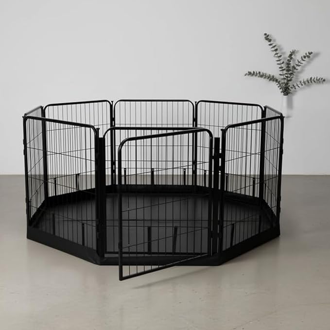 Dog Playpen w/Octagon Bottom Floor Cover - 24 inch, 8 Panel Portable Black Metal Pet Play Pen for Small Dogs & Puppies - Indoor/Outdoor Kennel Cage for Home, Yard, RV, or Camping