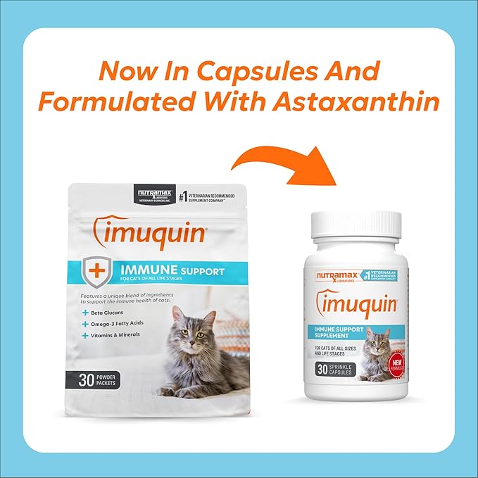 Nutramax Imuquin Immune Health Supplement for Cats, with Astaxanthin and Beta Glucans, 30 Sprinkle Capsules
