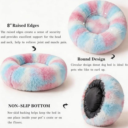 Calming Dog Bed for Medium Dogs Washable Donut 30 inches Anti-Slip Pet Bed,Round Fluffy Plush Faux Fur Cat Bed,Fits up to 45 lbs Pets,Multi Colored