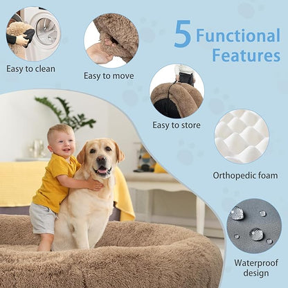 Human Dog Bed, 71''x45''x12'' Size Fits People and Pet 10 CM Thick Memory Foam Washable Adult Large Bed Giant Oversize Foldable Dog Bed with Plump Pillow, Blanket, Strap - Khaki