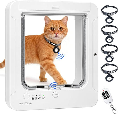 Smart Cat Door with 4 Collar Sensor Key, RFID Cat Door Collar Activated with Remote Control, 4 Way Locking Cat Flap Automatic Pet Door Interior & Exterior(Brown)