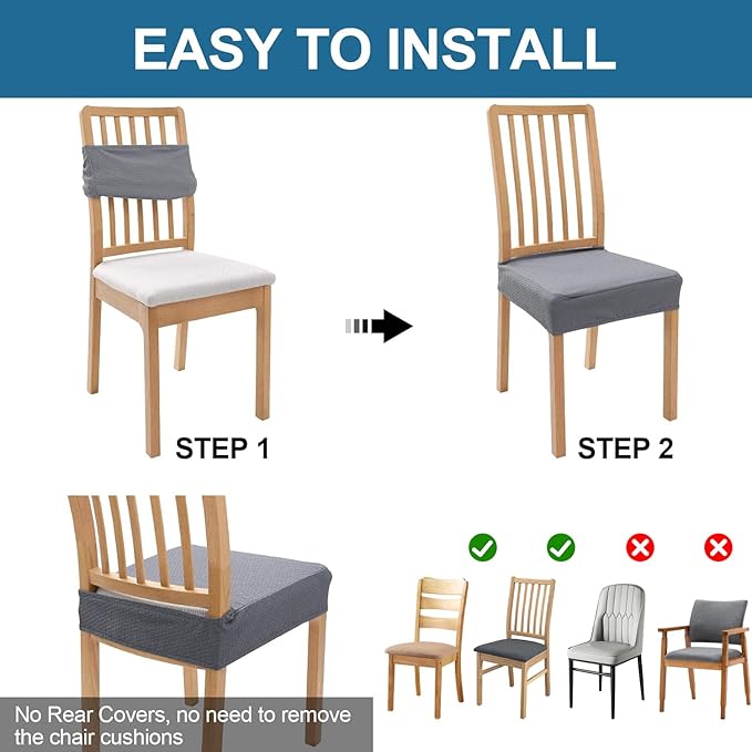 Smiry Waterproof Seat Covers for Dining Room Chairs Set of 10, Stretch Jacquard Removable Washable Chair Seat Slipcovers Protector, No Rear Covers, Grey