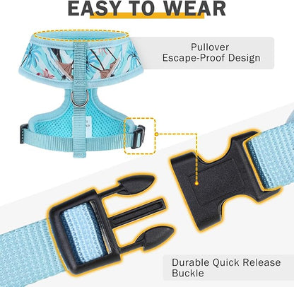 SCENEREAL Small Dog Harness and Leash Collar Set - No Pull Dog Harness for Small & Medium Sized Dogs - Soft Mesh Vest for Puppies, Chihuahua, Yorkie, Spring Summer Hiking Walking, Coconut Tree S