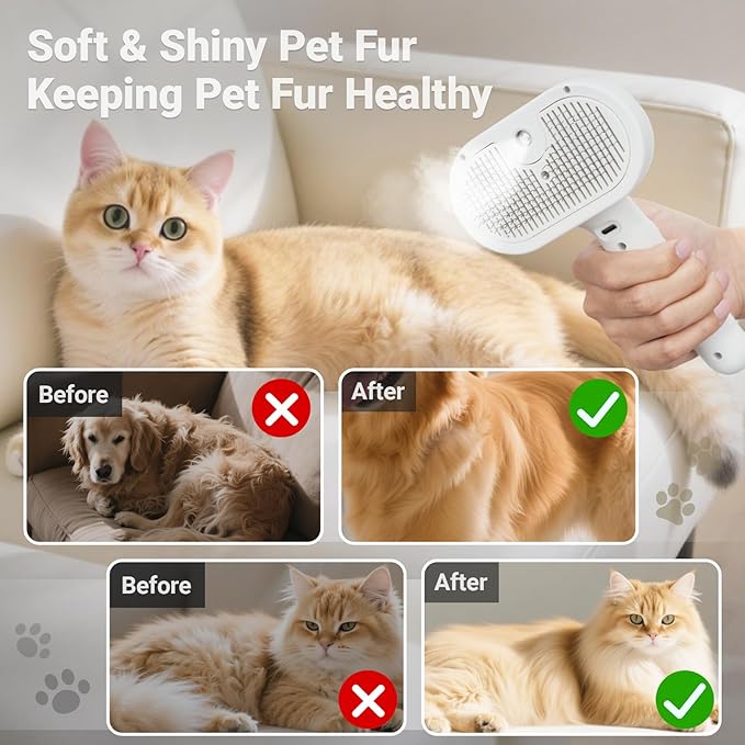 Pjordo Pet Steam Brush for Dogs & Cats with Pet Conditioner, 4 in 1 Spray Hair Removal Comb for Shedding & Grooming, Self Cleaning Water Brush for Long & Short Haired Pets