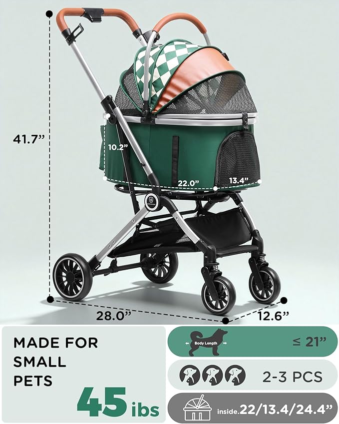 GTPLAYER 3 in 1 Pet Stroller with Removable Carrier, Foldable Stroller for Small/Medium Dogs and Cats, All-Terrain, with Sun Shades, Car Seat, Up to 45 lbs, Green