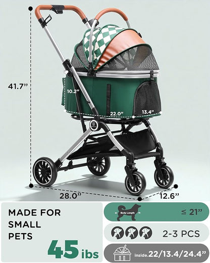 GTPLAYER 3 in 1 Pet Stroller with Removable Carrier, Foldable Stroller for Small/Medium Dogs and Cats, All-Terrain, with Sun Shades, Car Seat, Up to 45 lbs, Green
