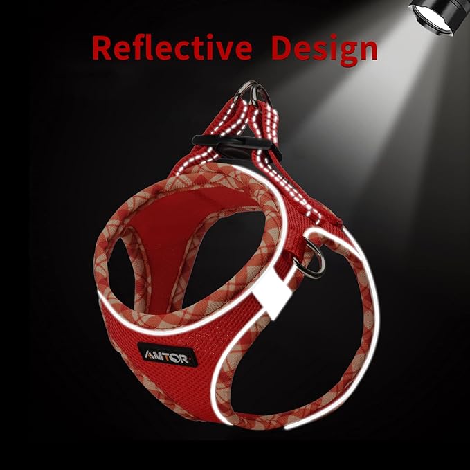 AMTOR Small Dog Harness with Leash Set, No Escape Easy Walk Puppy Harnesses for Training Walking, Step-in Reflective Soft Dogs Vest for XS S Medium Extra-Small Large Sized Dog(Red,L)