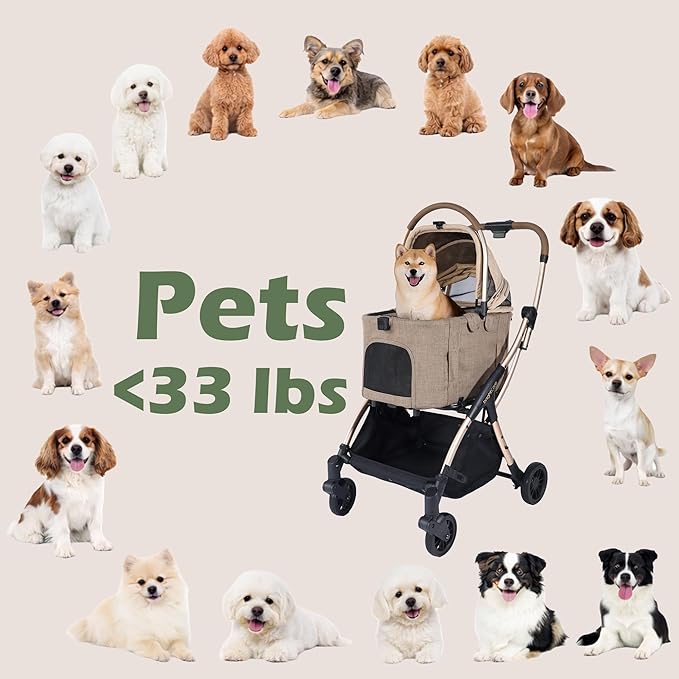 Auto-Folding Pet Stroller with Detachable Carrier, One-Hand Fold Frame & Carrier, Supports up to 33 lbs, Beige