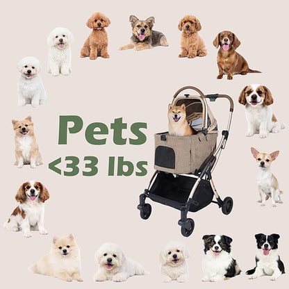 Auto-Folding Pet Stroller with Detachable Carrier, One-Hand Fold Frame & Carrier, Supports up to 33 lbs, Beige