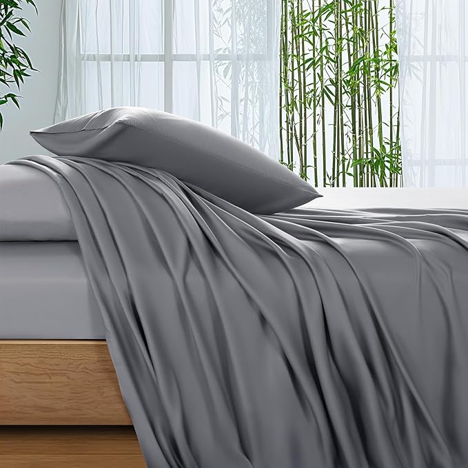SONORO KATE 100% Viscose Derived from Bamboo_Sheets Full Size, Ultra Breathable & Cooling Bed Sheets for Hot Sleepers, Hotel Luxury Silky Bedding Sheets, 16" Deep Pocket - 4PC (Grey,Full)