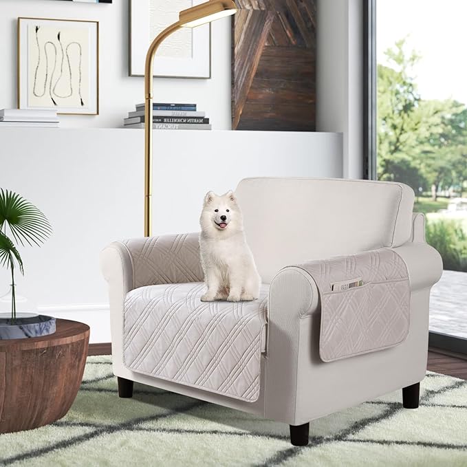 TAOCOCO Waterproof Chair Covers for Pets Dogs with Non Slip Backing, Chair Seat Covers with Side Pocket for 1 Seater Couch Washable Dog Couch Cover Protector Sofa Slipcovers(Chair, Cream)