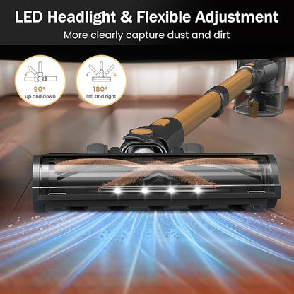 Cordless Vacuum Cleaner, 10-in-1 Lightweight Stick Vacuum with 45mins Runtime, Powerful Suction, LED Touch Screen, Rechargeable Vacuum Cleaners for Home Hardwood Floor Carpet Pet Hair (Gold)