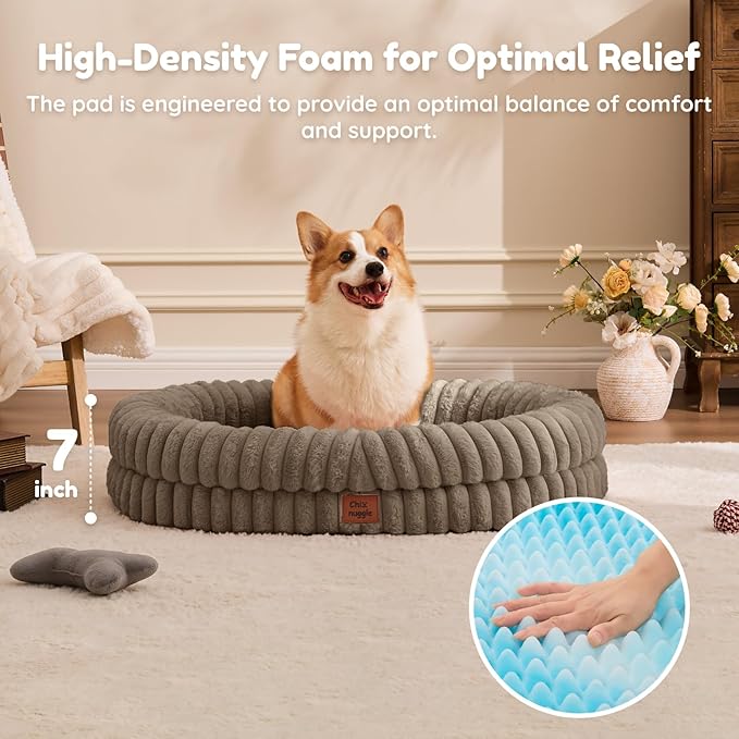 ChiXnuggle Dog Bed Large Sized Dog - Luxury Striped Faux Fur Waterproof Dog Couch with Removable Washable Cover, Orthopedic Dog Bed with Bolster Sides for Sleeping, Taupe