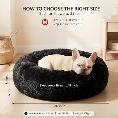 Calming Donut Dogs Beds for Medium Dogs up to 45 lb,30inch Anti-Slip Plush Round Dog Bed with Raised Rim,Fluffy Faux Fur Pet Bed for Cozy Sleep,Black