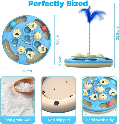 Cat Puzzle Toys Games Level 3 in 1 with Track Balls, Feather Teaser & Treat Feeder | Non-Slip Base | Mental Stimulation Enrichment for Indoor Cat, Dogs| Kitty Gift, Blue