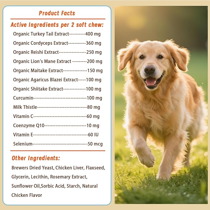 Natural Lipoma Support for Dogs, 7 Organic Mushroom Blend with Beta-Glucans, Boosts Immunity, 1500mg High Potency Turkey Tail, Reishi, Lion's Mane Helps Reduce Lumps & Bumps, 90 Chicken Soft Chews