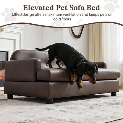 Luxury Dog Sofa Bed Elevated Pet Couch with Durable Waterproof Leather & Orthopedic Sponge - Modern Furniture Style Dog Lounge & Pet Bedside Step for Medium/Large Dogs, Brown