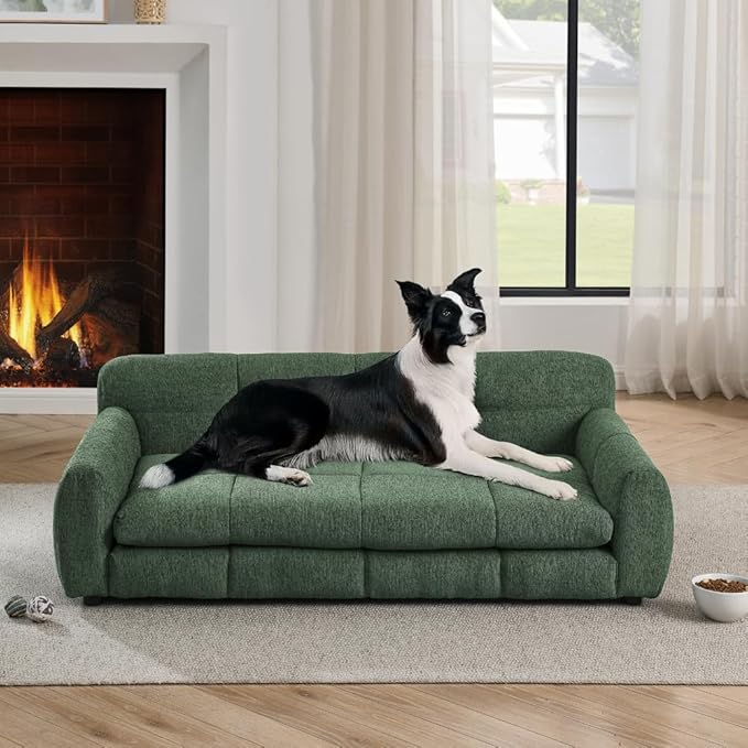 Dog Couch Bed with Backrest and Armrest, Durable Pet Sofa with Soft Foam Cushion, Elevated Dog Couch Bed with Legs for Medium and Large Dogs, Emerald Green