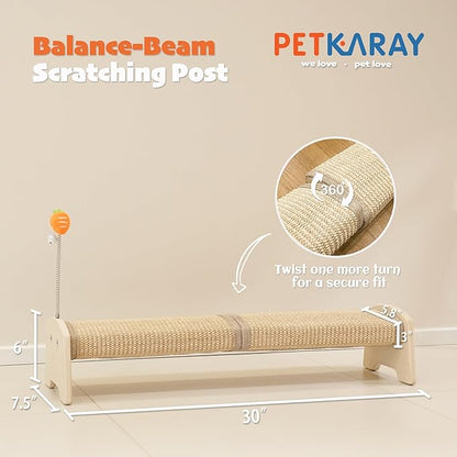 PETKARAY Horizontal Scratching Post, 30" Sisal Cat Scratch Pad, Large Floor Mounted Cat Scratcher with Spring Toy, Protect Furniture for Indoor Kitten