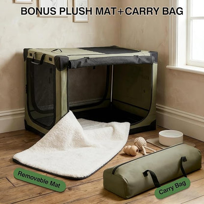 Veraste 30" L x 21" W x 21" H Collapsible Travel Dog Crate, Portable Soft Dog Kennel for Medium Dogs up to 45 lbs, 4-Door Foldable Travel Crate with Durable Mesh & Storage Bag, Green