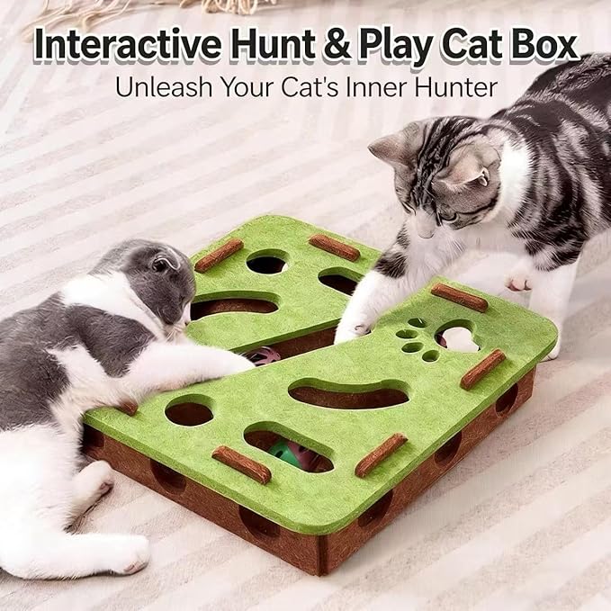 Interactive Cat Puzzle Toy, Scratch Puzzle Enrichment Box with Bell, Felt Maze Box, Mental Stimulation Toy for Cats, Self Play Fun Exercise Hide Seek Moving Cat Toy for Bored Cats
