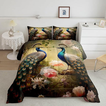 Erosebridal Chic Peacock Bedding Set Twin 3D Jungle Animal Comforter Set Flower Floral Down Comforter Botanical Quilted Duvet Dark Gold Men Women Lady Woodland Wildlife Bedroom Décoration 2 Piece