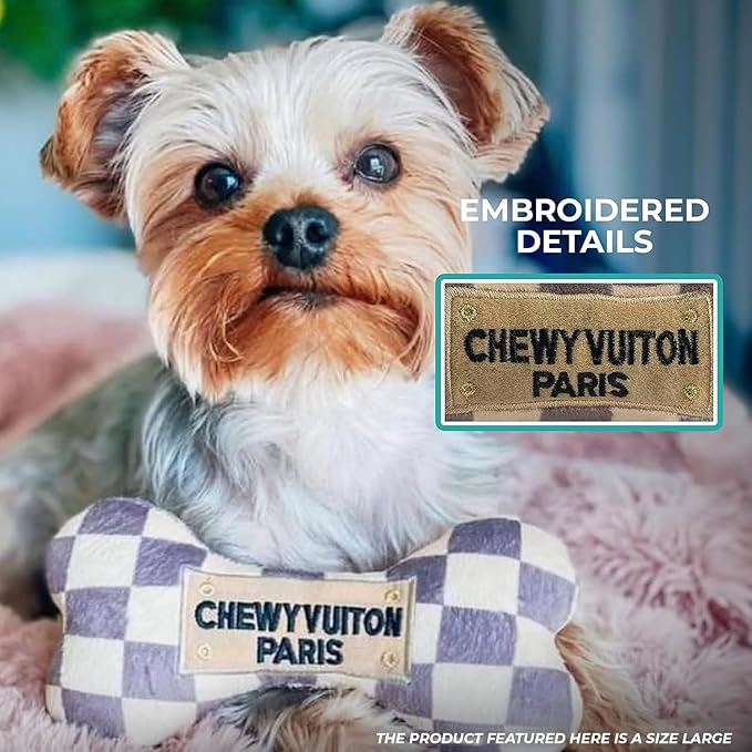 Haute Diggity Dog Chewy Vuiton Bone Plush Squeaky Dog Toy, Soft Durable Designer-Inspired Stuffed Puppy Chew Toys for Small & Medium Dogs, Machine-Washable (Tan Checker) Large