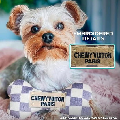 Haute Diggity Dog Chewy Vuiton Bone Plush Squeaky Dog Toy, Soft Durable Designer-Inspired Stuffed Puppy Chew Toys for Small & Medium Dogs, Machine-Washable (Tan Checker) Large