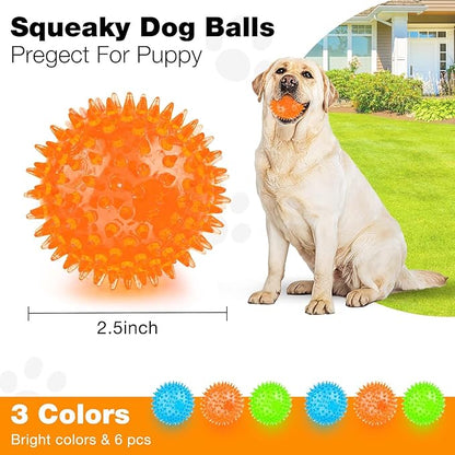 PUPTILY Puppy Toy 2.5” Squeaky Dog Balls Toys and Spikey Dog Ball for Aggressive Chewers for Small Dogs Dog Balls for Clean Teeth and Training （6 Pack