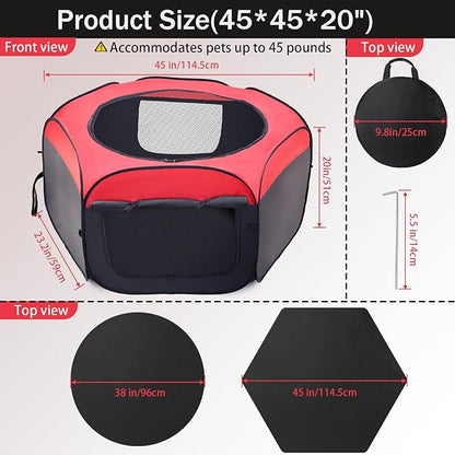 Foldable Brooder Box for Chick,Chick Fence Portable Dog Playpen Cage with Floor Mat, Large Dog Tent Oxford Fabric Cage Indoor/Outdoor, Red and Black