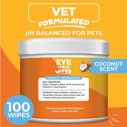 Paw Science Dog Eye Wipes - Hypoallergenic Eye & Face Wipes for Dogs, Cats, & Puppy - Pet Tear Stain Remover & Cleaner - Gently Cleans & Removes Discharge, Crust, & Gunk (Coconut)