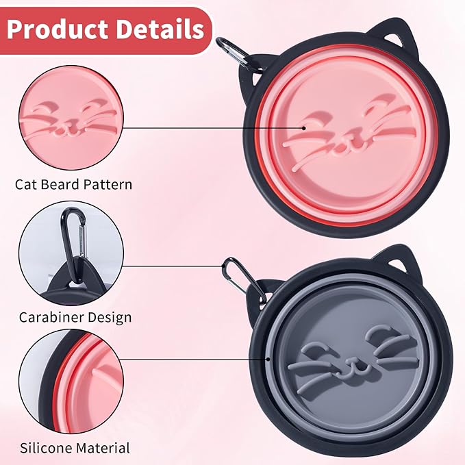 2Pack Silicone Collapsible Dog Bowls, Cute Pet Ear Shape and Cat Graphic Travel Water Bowl Full of Pet Atmosphere 25oz Portable Feeder for Small Large Dog Walking Hiking Camping (Pink and Grey)