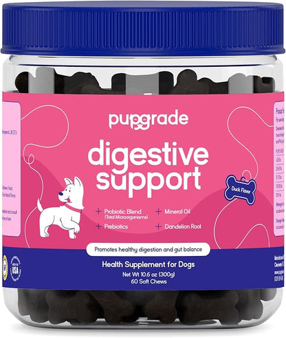 PupGrade Digestive Support for Dogs - Prebiotic + Probiotic Supplement with Enzyme Blend - Gut and Immune Support - Pumpkin, Blueberry, Mineral Oil, Duck Flavor - 60 Soft Chews