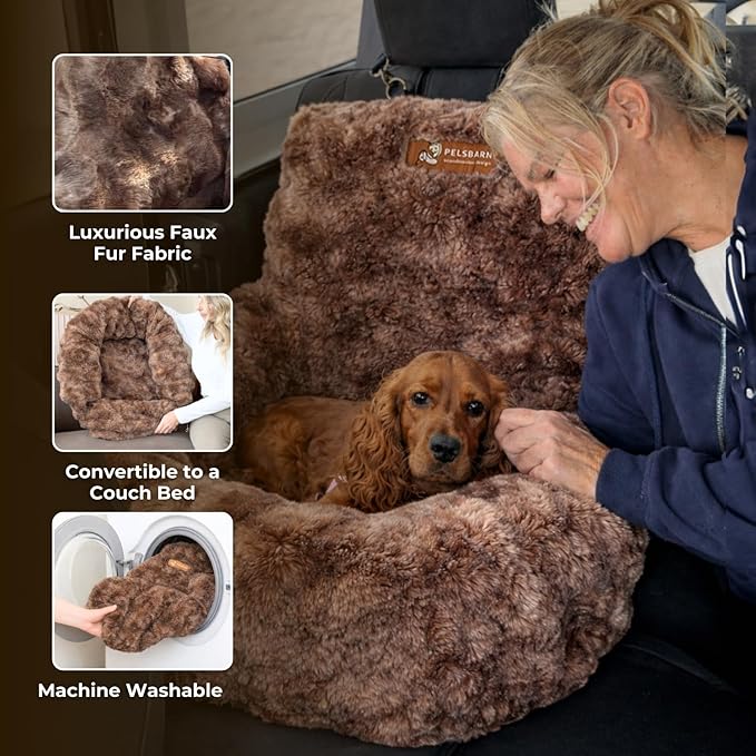 Pelsbarn Luxurious Cozy Car Bed - Small Luxury Travel Dog Bed with Safety Belt - Ultra Soft Faux Fur - Brown