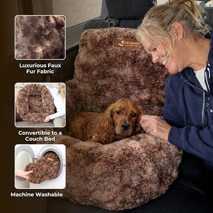 Pelsbarn Luxurious Cozy Car Bed - Small Luxury Travel Dog Bed with Safety Belt - Ultra Soft Faux Fur - Brown