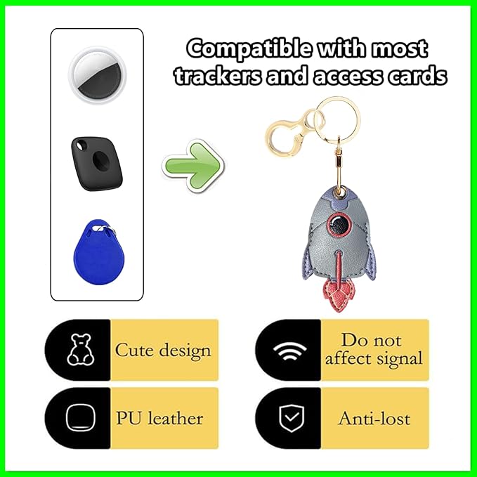Leather Keychain Holder Case Compatible with AirTag,Cute Protective Cover with Keyring,Anti-Scratch Finder GPS Tracker Case for Wallet Keys,bag,pets,Backpack(Rocket Grey)