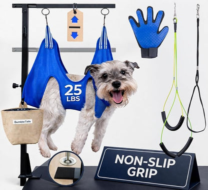 Adjustable Dog Grooming Arm with Clamp, Small Dog Sling for Nail Trimming Hammock, No-Sit Haunch Holder Leash Loops, De-Shedding Glove, Tool Hanging Hooks, Table Clamps - Full Pet Grooming Kit