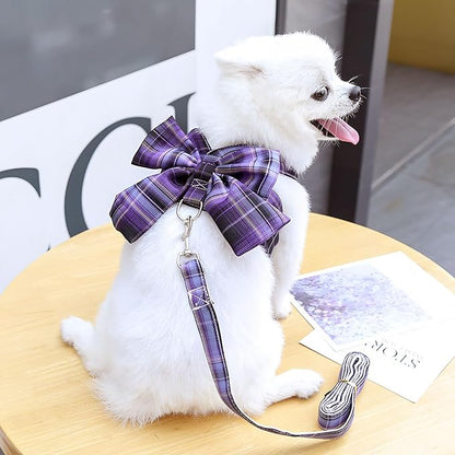 Cute Dog Harness and Leash Set with Bow Tie Soft Mesh Plaid Girl Puppy Harness No Pull Pet Cat Dog Vest Harness for Small Dogs Chihuahua Rabbit Outfit (Purple,M)
