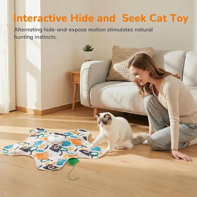 Cat Toy, Interactive Cat Toy, Cat Toys Interactive, Rechargeable Hide And Seek Automatic Kitten Toy With 2 Replaceable Wands, 3 Modes, 10-Min Auto-Sleep & Realistic Mouse Sounds For Indoor Cats